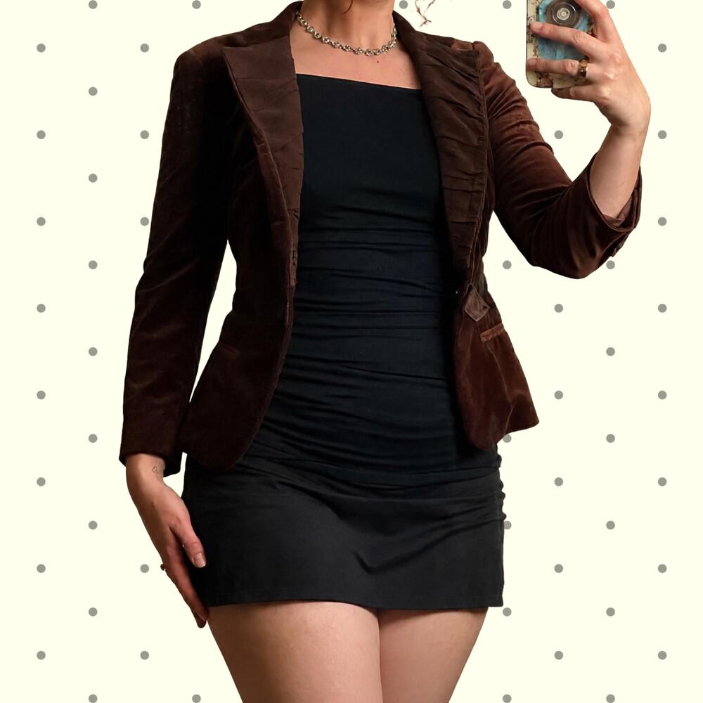 DKNY Donna Karan Brown Velvet Silk Blazer Sz 2 Chic Tailored Jacket Bow Y2K